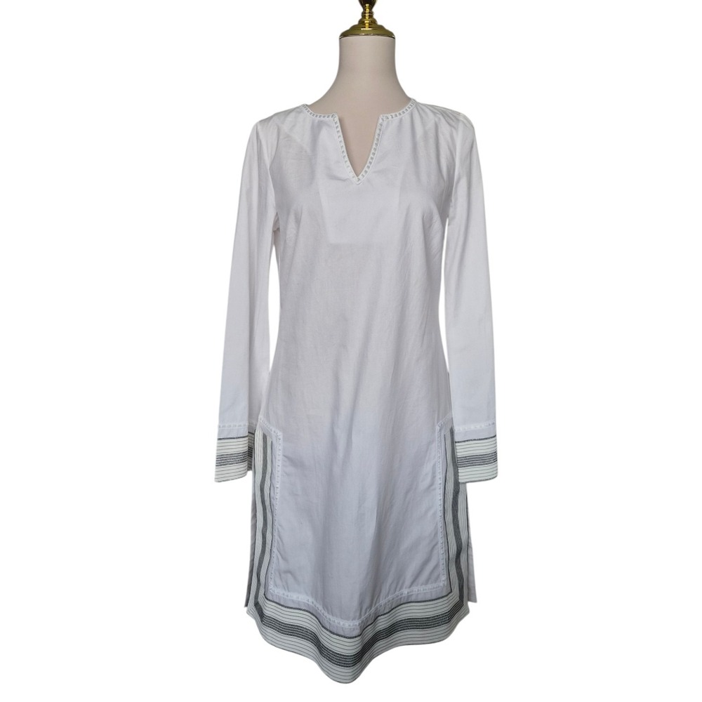 Jules Reid White Cotton Tunic Dress Long Sleeve Split Neck Stripe Hem Size 4 NWT